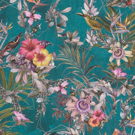 Papier peint floral rose et violet sur fond turquoise Tapisserie feuillage à motifs de fleurs Papier peint fleuri style botanique idéal chambre (1/4)