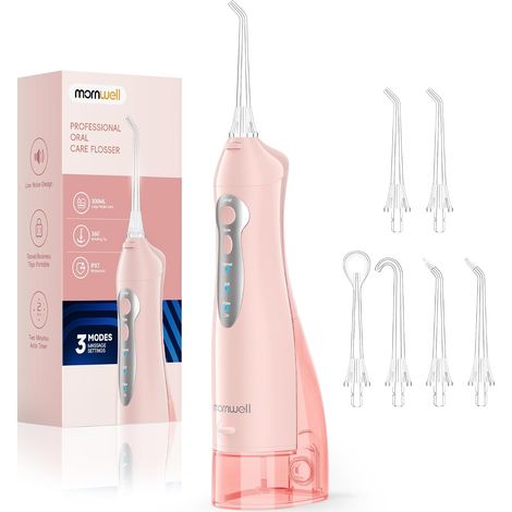 Hydropulseur Jet Dentaire Portable et Irrigateurs Oral 3 modes, 4 Embouts Remplaçables, Rechargeable et Étanche IPX7, Réservoir 300ML (Rose) (1/5)