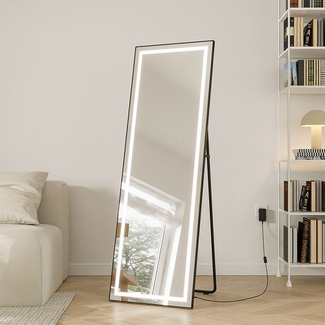 Standspiegel mit Beleuchtung 50x150 cm – LED Ganzkörperspiegel, freistehender Ankleidespiegel mit Aluminiumrahmen, dimmbar, Touchsensor, warmweißes Licht, modernes Design