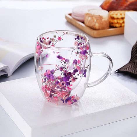 350ml Tasse Cappuccino Verre Latte Macchiato Tasse Double Paroi Verre Cafe Tasses à Thé Belle Fleurs Séchées Tasse a Cafe (C)