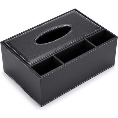 PA Rechteckiger Taschentuchbox-Spender aus PU-Leder mit 3 Fächern, Schreibtisch-Organizer (schwarz) (1/5)