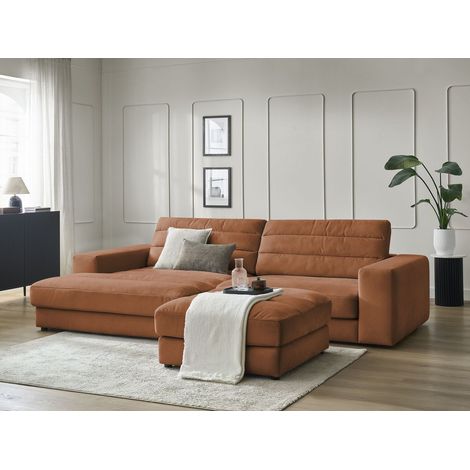 BOBOCHIC - Canapé d'angle fixe SIERRA velours avec pouf Angle gauche  Orange (1/5)