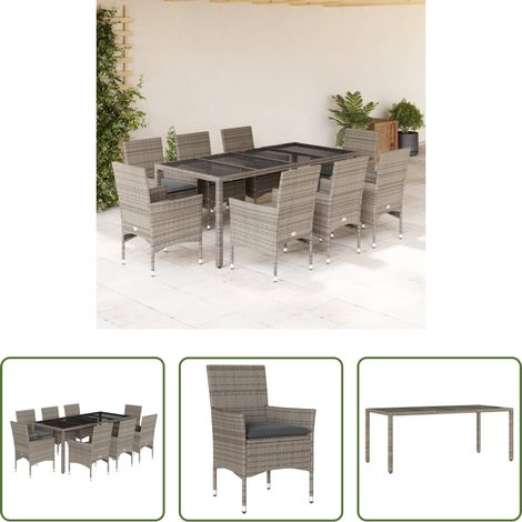 Gartenessgruppe - 9-tlg. Garten-Essgruppe mit Kissen Grau Poly Rattan und Glas (1/5)