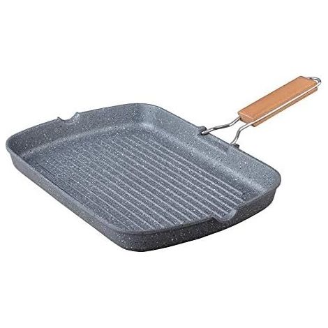 Griglia Bistecchiera Rettangolare in Pietra Vulcanica 34x24 cm– Manico Legno Pieghevole– Antiaderente – Per Induzione, Gas, Elettrico