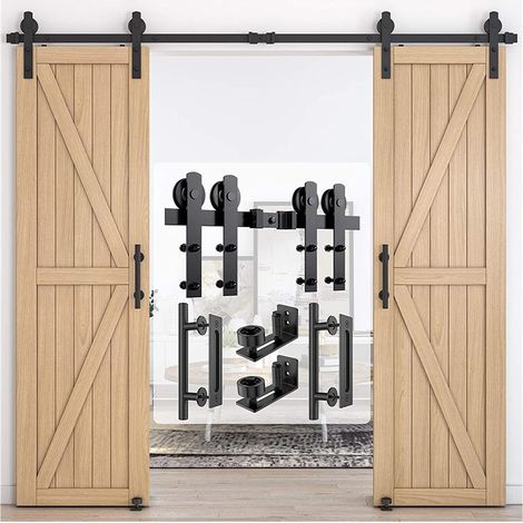 Kit de quincaillerie pour porte de grange Kit de matériel de porte de grange coulissante robuste et robuste, les glissières de porte for porte double comprennent 2 poignées de porte et 2 ensembles de (1/5)