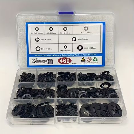 460 Pièces Rondelles Starlock Noires M2.5 M3 M4 M5 M6 M8 M10, Kit Rondelles de Blocage à Dents Internes, Clips de Retenue d'Arbre Verrouillage Rapide Oxyde Noir, Coffret Assortiment (1/4)