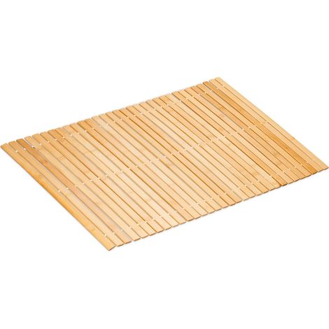 Relaxdays Bamboo Bath Mat, 80x50 cm, Non-slip, for Shower, Roll-up Bathroom Accessory, Rubber Pads, Slats, Natural/White