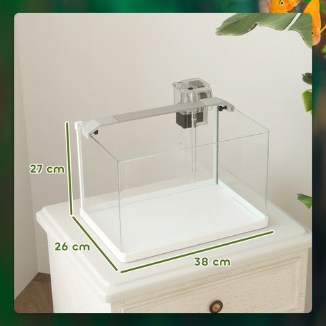 Aquarium en verre de 20 L avec éclairage LED, filtre et pompe submersible, 38 x 26 x 27 cm, blanc (1/5)