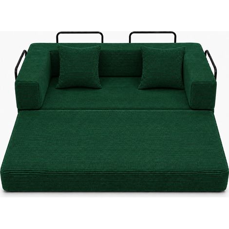 Canapé convertible futon en velours côtelé vert foncé, canapé-lit pliable avec coussin dossier et accoudoir (1/5)