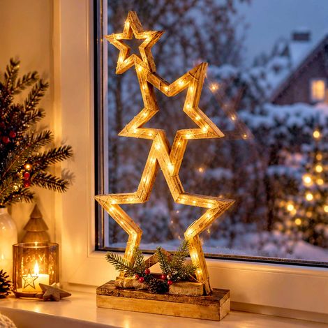 LED Weihnachts Sterne aus Holz batteriebetrieben mit Timer - 52 x 30 cm - Deko Stern Aufsteller mit 35 LEDs in warm weiß beleuchtet