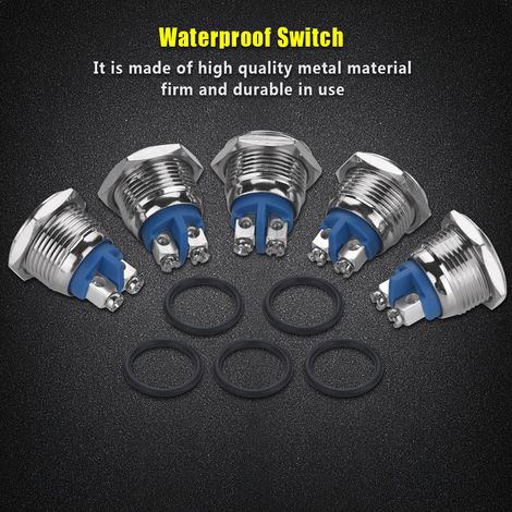 Lot de 5 mini-interrupteurs à bouton-poussoir étanches en métal 2 broches (tête plate), 16 mm, 250 V