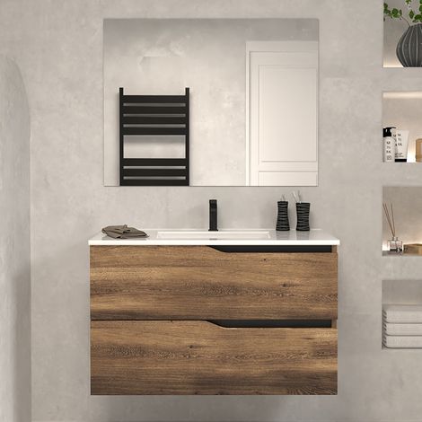 Meuble sous vasque seul, 2 tiroirs, 70cm, pour simple vasque - tabaco (chêne foncé) - LUNA