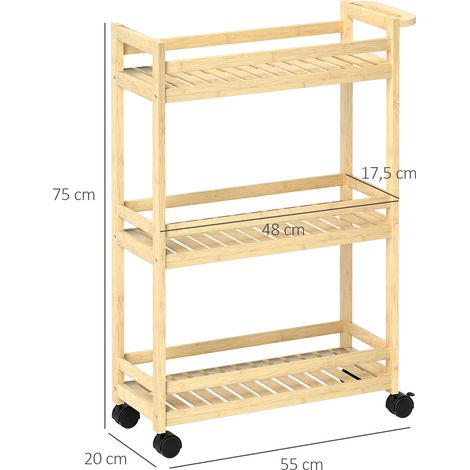 Chariot roulant 3 étagères en bambou naturel, meuble de rangement mobile à roulettes avec poignée, idéal cuisine, bureau ou salon, dimensions 55 x 20 x 75 cm, bois écologique. (1/5)