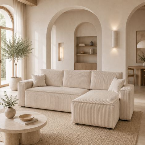 AMBRI - Canapé d’angle convertible en velours côtelé - 4 places - 235 cm - Beige (1/5)