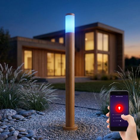 Lampadaire, lampe d'extérieur, lampe de jardin, lampadaire, lampe de chemin, terrasse IP44, acier inoxydable aspect bois, contrôle par application, Smart RGB LED 10W 806Lm, DxH 12,7x110 cm (1/4)