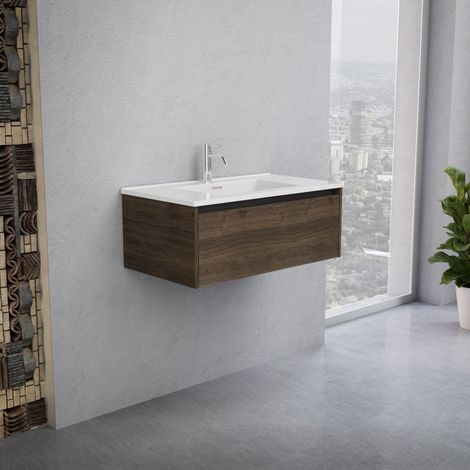 Inda - Badezimmerschrank 1 Schublade B.80 mit glänzendem Waschbecken / Braune Eiche - Smeraldo (1/5)