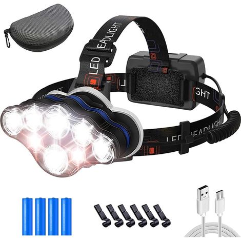 8 mode Lampe frontale LED 18000 lumens rechargeable par USB, lampe frontale étanche IPX4, adaptée aux sports de plein air et à diverses activités. (1/5)