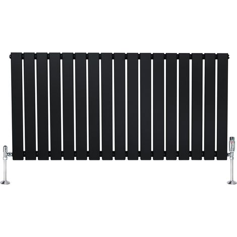 Radiateur Plat à 1 Colonne & Vannes 600 x 1190 mm en Acier Noir Chauffage Centrale Moderne Horizontale Monté Sur Mur Cuisine Salle de Bain [Brosse de Nettoyage & Supports INCLUSES]
