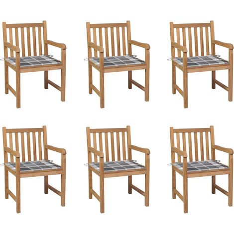 vidaXL Sillas de jardín 6 uds madera maciza teca cojines cuadros gris (1/5)