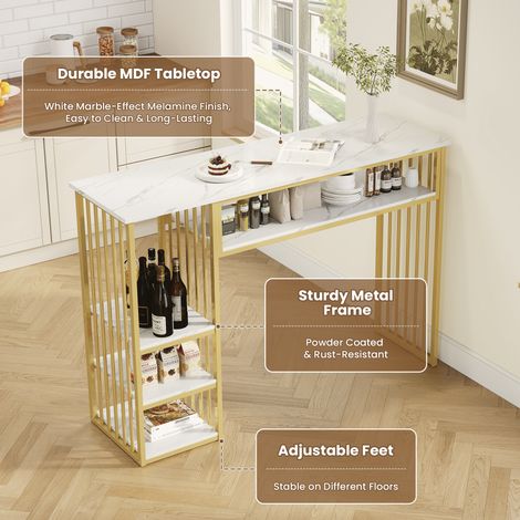 Bar de cuisine avec rangement, 140×40×105 cm, comptoir debout à plateau MDF effet marbre, 3 étagères et piètement métal doré, table haute pour salle à manger et coin petit-déjeuner. (1/5)
