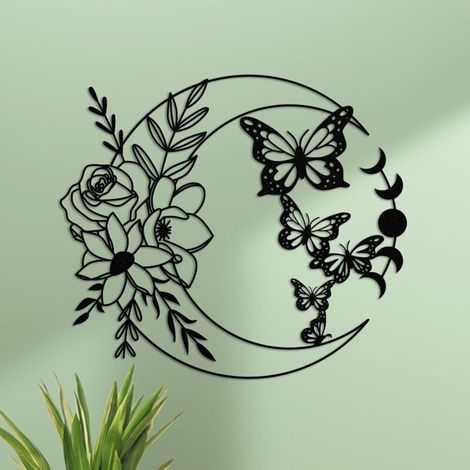 Decorazione murale in metallo per interni, ideale per soggiorno, camera da letto, bagno, giardino, cortile, recinzione, fattoria, con luna e farfalle.