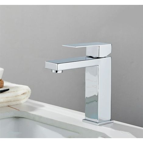 Robinet De Lavabo Carré Noir, Salle De Bains, Robinet En Acier Inoxydable, Eau Chaude Et Froide, Or, Grand Modèle Mélangeur Monté Sur Le Pont (1/5)