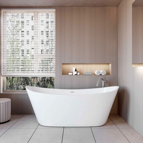 Vasca da Bagno a Isola Freestanding in Acrilico da 170x72x65 cm, Colore Bianco, Forma di Barca Ovale