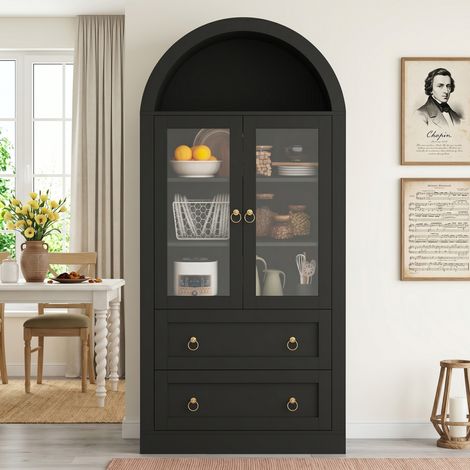 Armoire vitrine haute 80x36x170 cm avec 2 portes vitrées et 2 tiroirs, meuble de rangement arqué, noir (1/5)