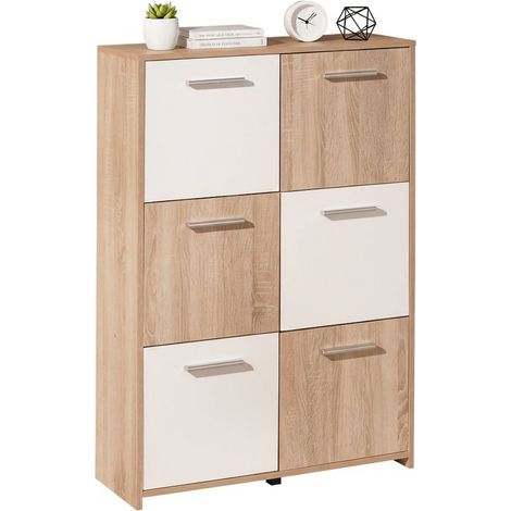 Dmora Sideboard mit sechs Türen, Weiß und Eiche, Maße 77 x 115 x 30 cm