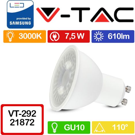 V-TAC PRO VT-292 Faretto LED GU10 con Chip Samsung 7,5W 110° Bianco caldo - 3000K