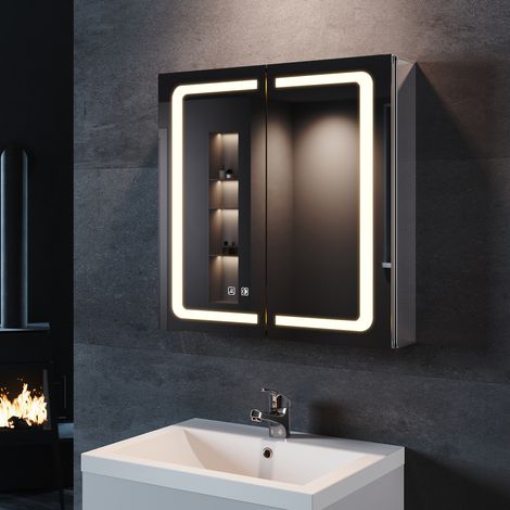 SONNI Aluminium Spiegelschrank mit LED Beleuchtung 3 Lichtfarben Dimmbar 65x65cm mit Touch Steckdose und Beschlagfrei (1/5)