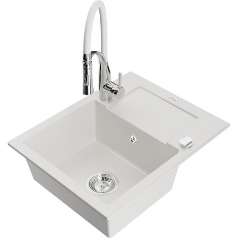 Mexen Enzo évier en granit 1 bac avec égouttoir et mitigeur Aster, blanc - 6506-20-73450-02 (1/5)