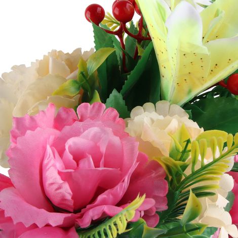 Boutures de roses et de lys jaunes Sasa pour les funérailles / Soie, plastique, fil de fer / Hauteur totale 45 cm, 3 lys, 6 pivoines, 27 fruits / (1/5)