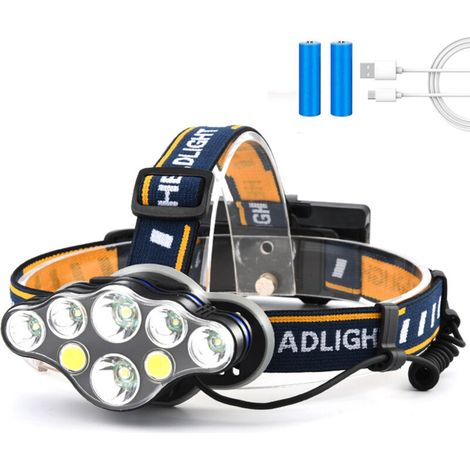 Lampe Frontale LED 8 Modes, Torche Rechargeable USB 1800LM, Phare Étanche IPX4 Réglable 90° pour Camping Pêche Randonnée (1/4)