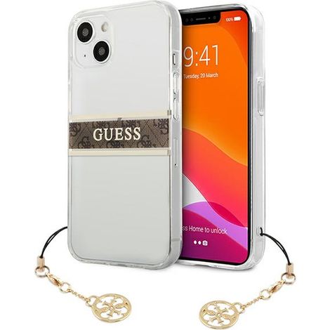Funda rígida transparente Guess GUHCP13SKB4GBR para iPhone 13 mini de 5,4 pulgadas, 4G, correa marrón y charm. (1/5)