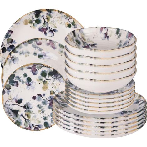 Service d'assiettes Garden 18 pièces – Faïence décorée – 6 assiettes plates 27,5 cm, 6 assiettes creuses 19 cm, 6 assiettes à dessert 22,5 cm – Table Passion (1/5)