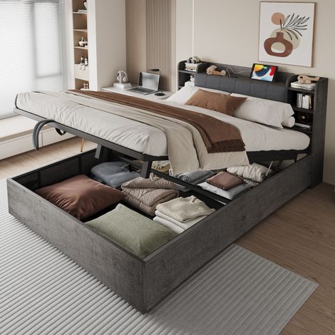 lit adulte grand rangement hydraulique 180x200 MDF gris OKMYHOME (1/5)