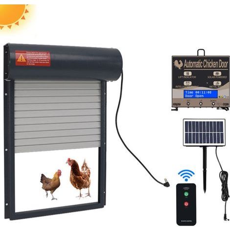 Solarbetriebene automatische Hühnerstalltür aus Aluminium – Lichtsensor – Programmierbarer Timer – Fernbedienung enthalten – Schnelle Installation (1/5)