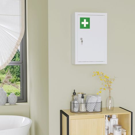 Armoire à pharmacie blanche verrouillable à 3 niveaux en acier, fixée au mur, avec 2 clés pour l'organisation de la salle de bain (1/5)