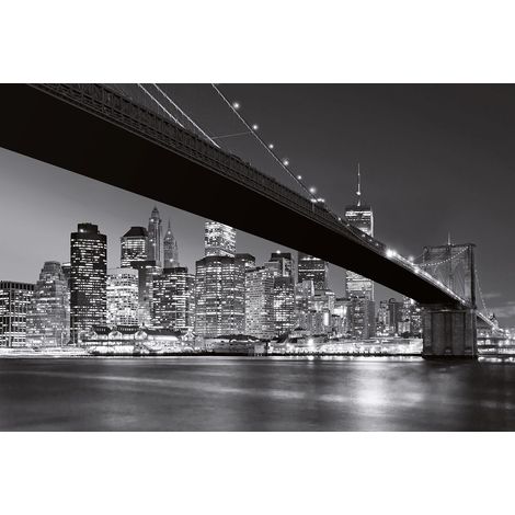 Papier peint panoramique new york pont de Brooklyn | Tapisserie panoramique salon et bureau | Papier peint panoramique noir et blanc contre-plongé - 384 X 260 cm (8 pièces) (1/2)