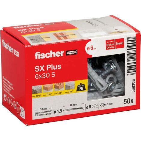 Cheville nylon à expansion SX Plus 6x30 avec collerette et vis, tous matériaux/Boite de 50 (1/5)