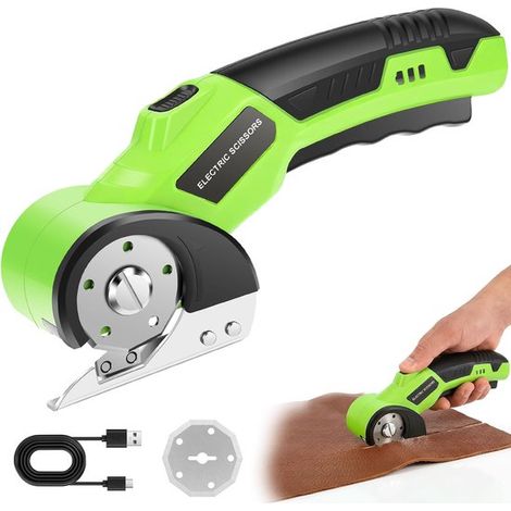 Ciseaux électriques rechargeables pour carton, 360 tr/min, verrouillage de sécurité, lame de rechange, éclairage LED, adaptés aux tissus, au cuir et au carton, vert. (1/5)