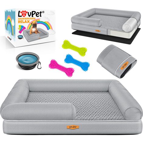 LOVPET® Orthopädisches Hundebett, Hundekissen, Hundekorb Relax, Inkl. Napf + 3X Kauknochen, Hundesofa für Kleine, Mittelgroße & Große Hunde, Bezug abnehmbar, Grau / M (91 x 71 x 25 cm)