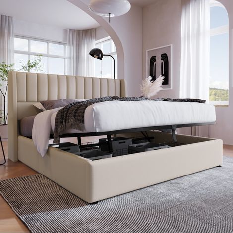 Bett mit Stauraum Leinen Beige 140x200 cm, hydraulisches Polsterbett mit Lattenrost (1/5)