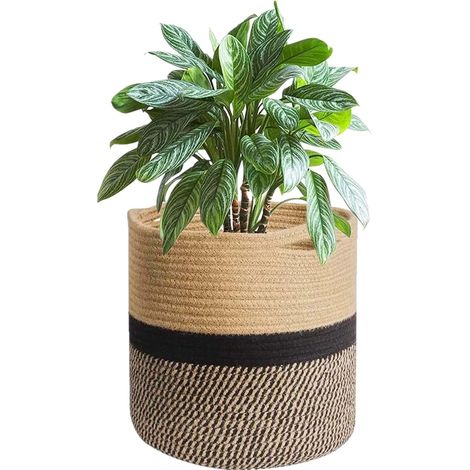 Grand Pot de Fleurs Tressé, Cache Pot Plante Interieur, Panier à Plantes en Corde de Coton pour décoration Intérieure, Panier de Rangement pour Jouets, Vêtements - Diamètre 25cm (Jaune+Noir) (1/5)