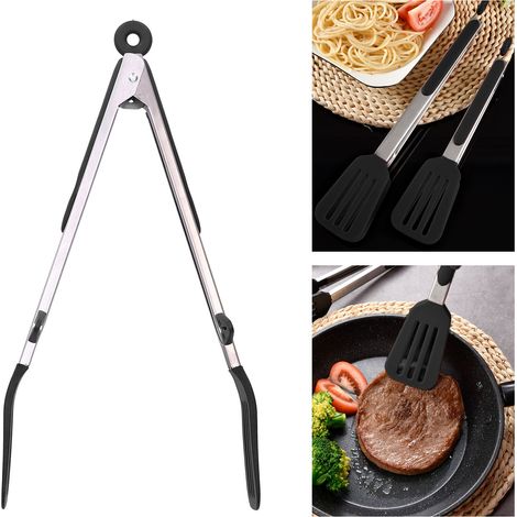 Spatule alimentaire en acier inoxydable et silicone avec pince, outil de cuisson pour barbecue et grillades à la maison, support noir de 30 cm. (1/5)