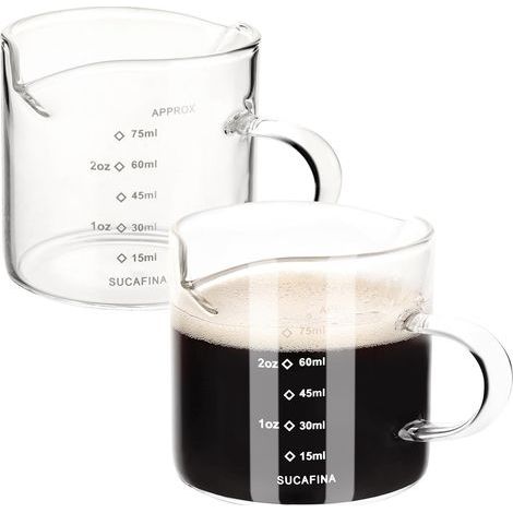 Verre à Mesurer Expresso, 2 Pièces Verre Doseur à Double Bec, Accessoires Expresso en Verre Transparent, Convient pour l'espresso, le Lait, la Mousse de Lait, etc(75ml) (1/5)