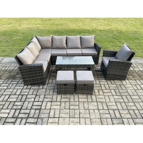 Fimous 9 Seat Outdoor Gartenmöbel-Set Ecksofa Set Terrassen Sofa Sessel Tisch Set mit 2 kleine Fußhockern Dunkelgrau gemischt