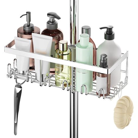 No Hole Shower Caddy (Only for 18mm-25mm Round Bars) Shower Rod Shampoo Organizer for Shower Bathroom (Silver) (1/5)