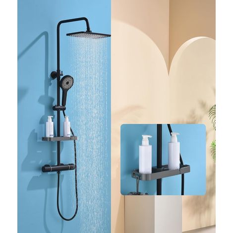 Colonne de Douche Thermostatique Avec Pomme de Douche à Effet Pluie Pivotante à 360° Et Mitigeur,Douchette à Main à Trois Positions,Colonne de Douche RéGlable (Noir) (1/5)
